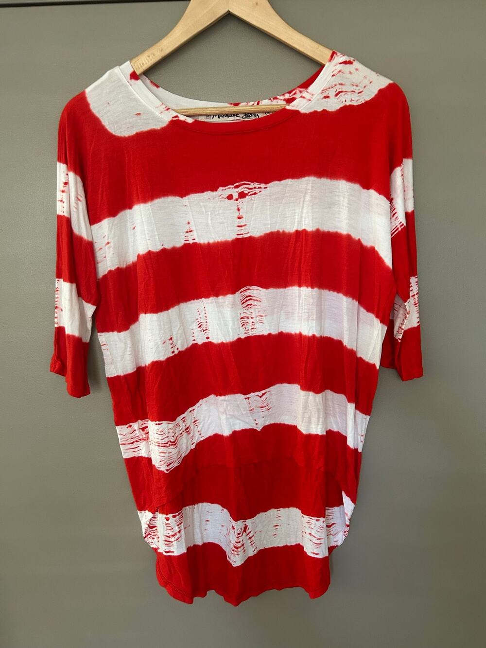 Michael Stars Red White Striped Distressed Tee Top 3/4 Sleeve Slouchy High Low
